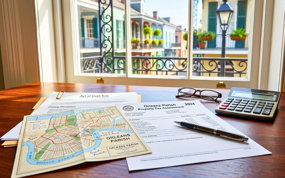 New Orleans residential property with tax documents and calculator displayed