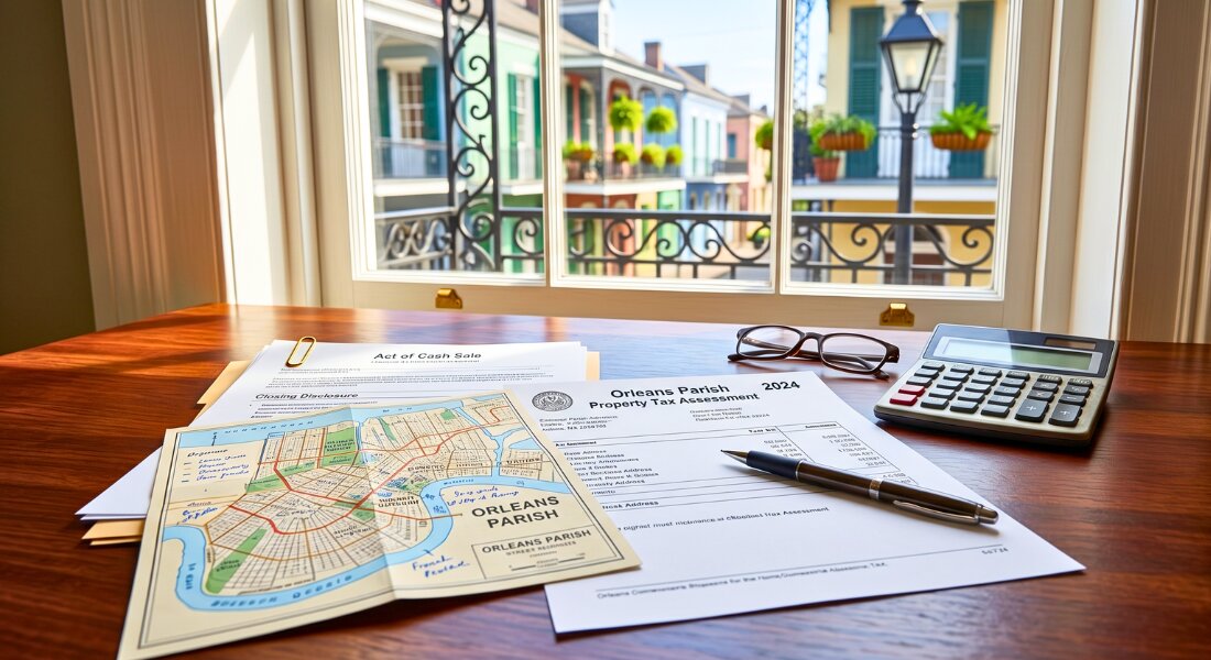 New Orleans residential property with tax documents and calculator displayed