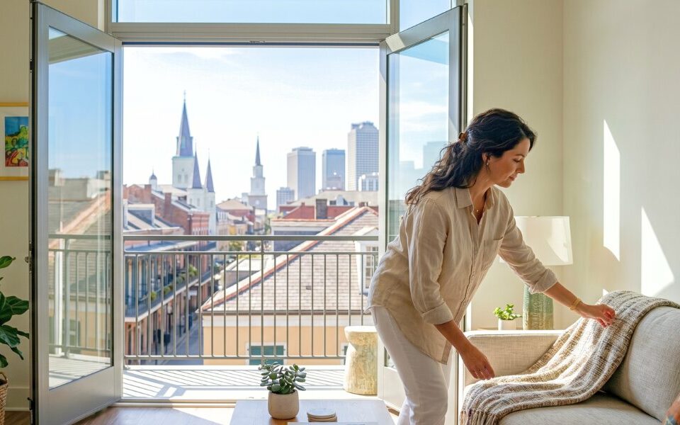 Couple reviewing condo selling documents with New Orleans realtor in office