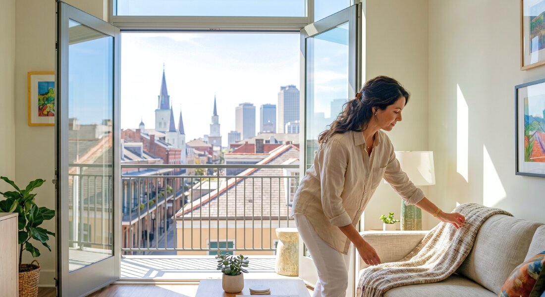 Couple reviewing condo selling documents with New Orleans realtor in office
