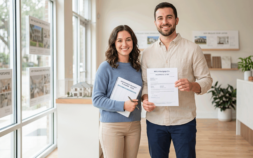 Family reviewing a mortgage preapproval letter before searching for a home in New Orleans.