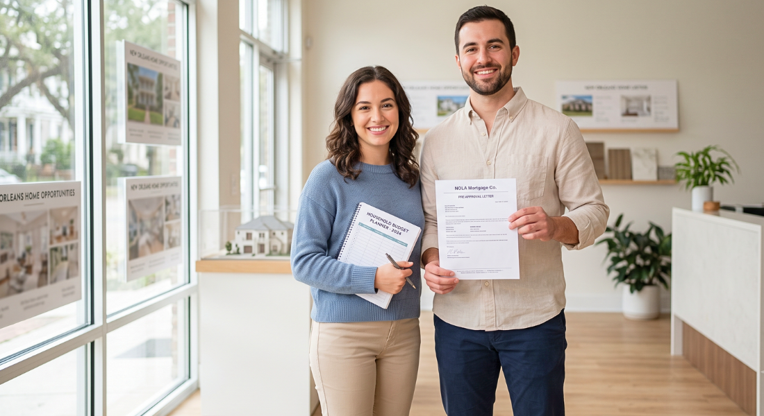Family reviewing a mortgage preapproval letter before searching for a home in New Orleans.