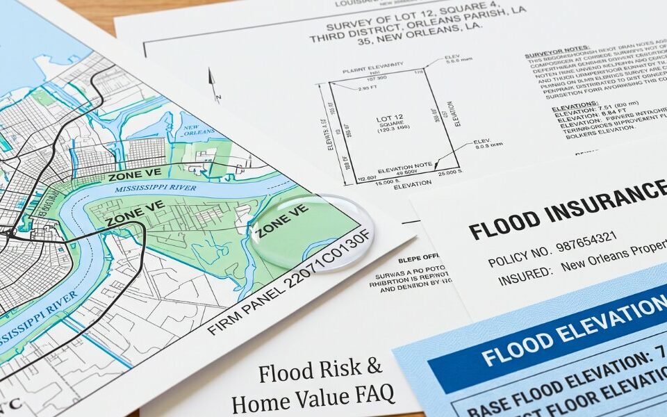 Extreme close up of a flood zone map with a home model and flood insurance documents representing New Orleans flood risk planning.