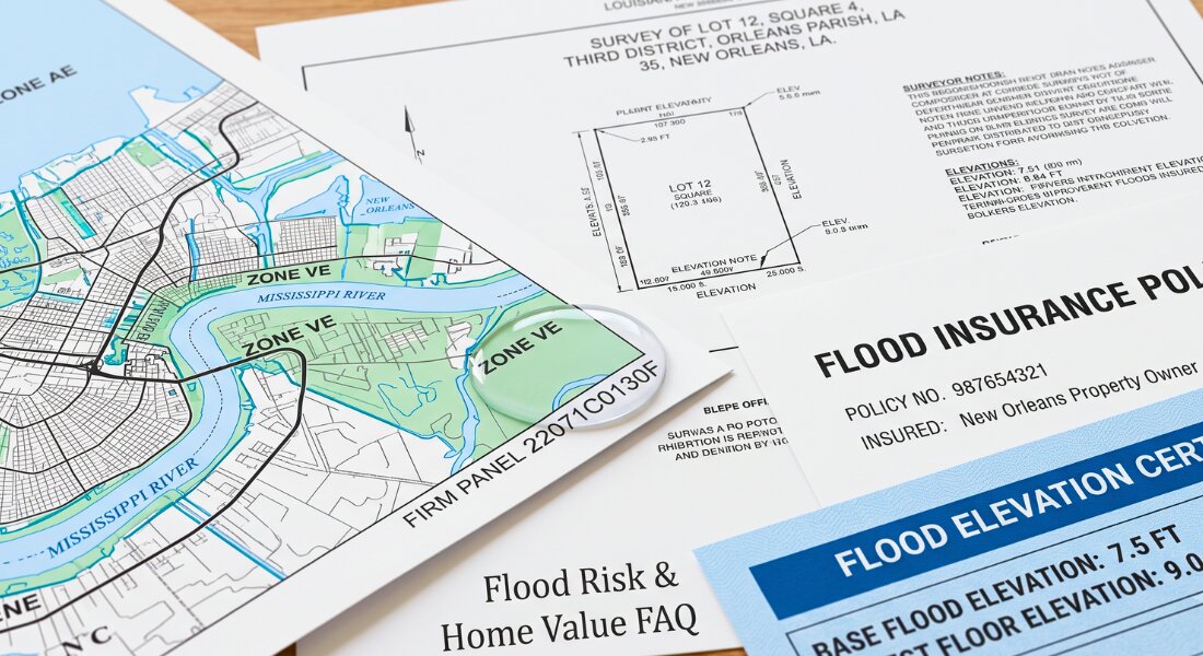 Extreme close up of a flood zone map with a home model and flood insurance documents representing New Orleans flood risk planning.