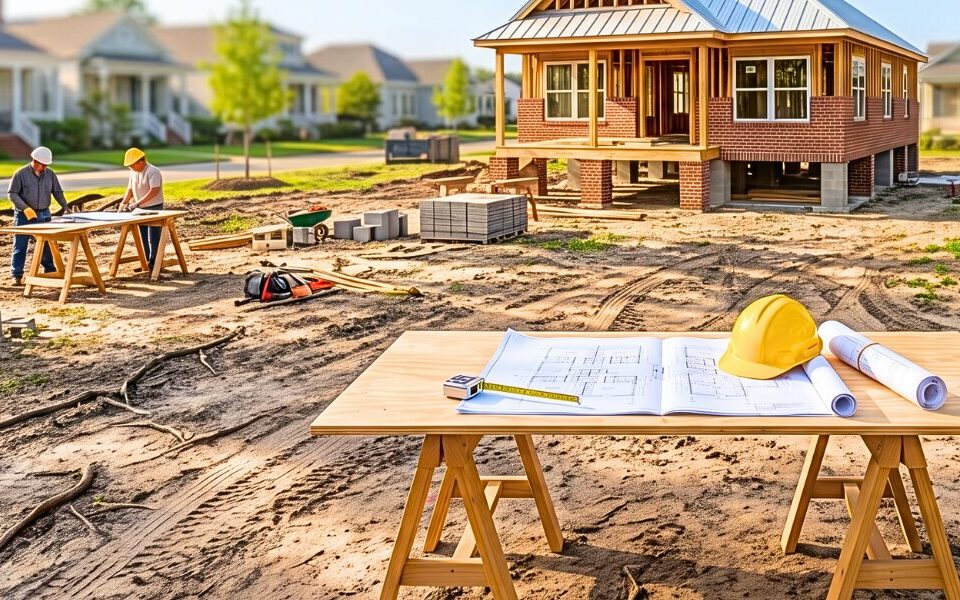New Orleans home under construction with plans illustrating the building process.