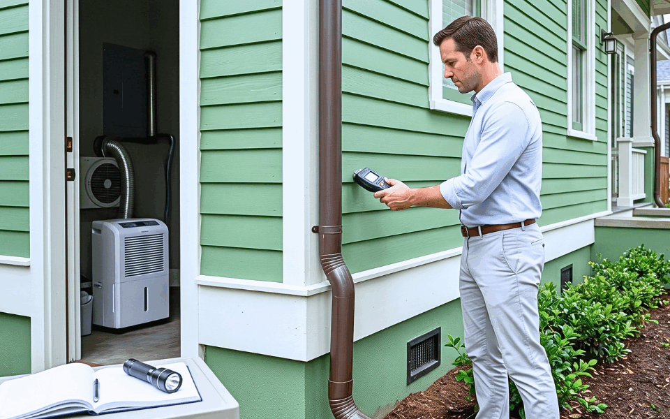Professional checking moisture control systems beside a New Orleans home after rain.