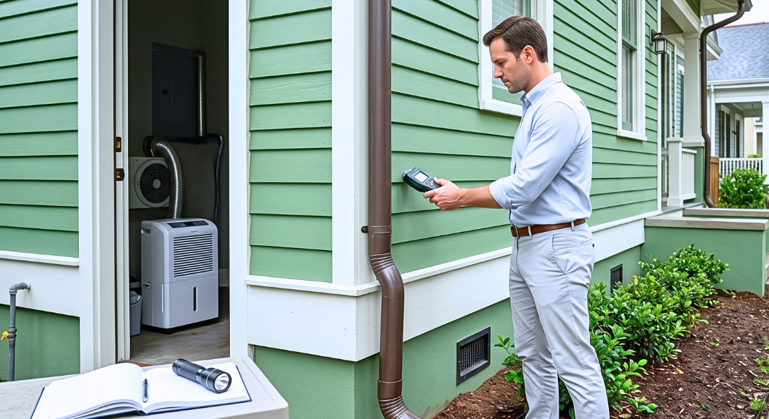 Professional checking moisture control systems beside a New Orleans home after rain.