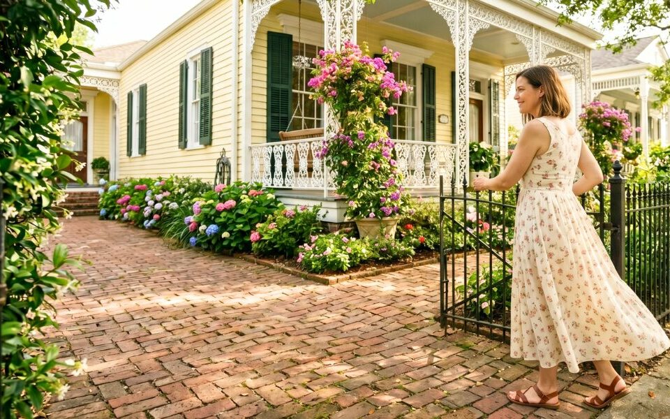 Homeowner opening a garden gate at a well maintained New Orleans home during a bright May morning.