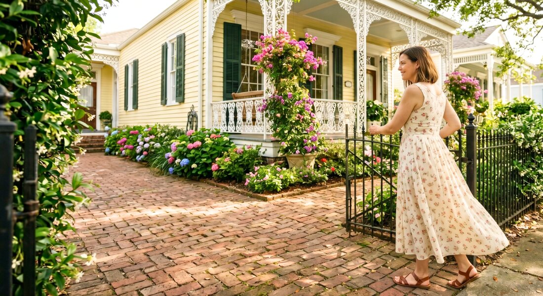 Homeowner opening a garden gate at a well maintained New Orleans home during a bright May morning.