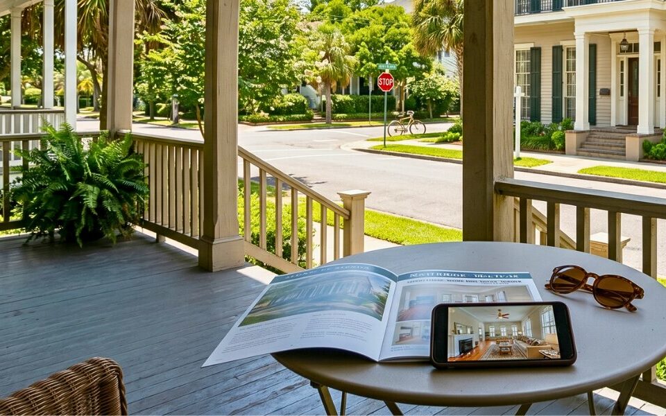 Shaded New Orleans home tour setup on a hot summer day.