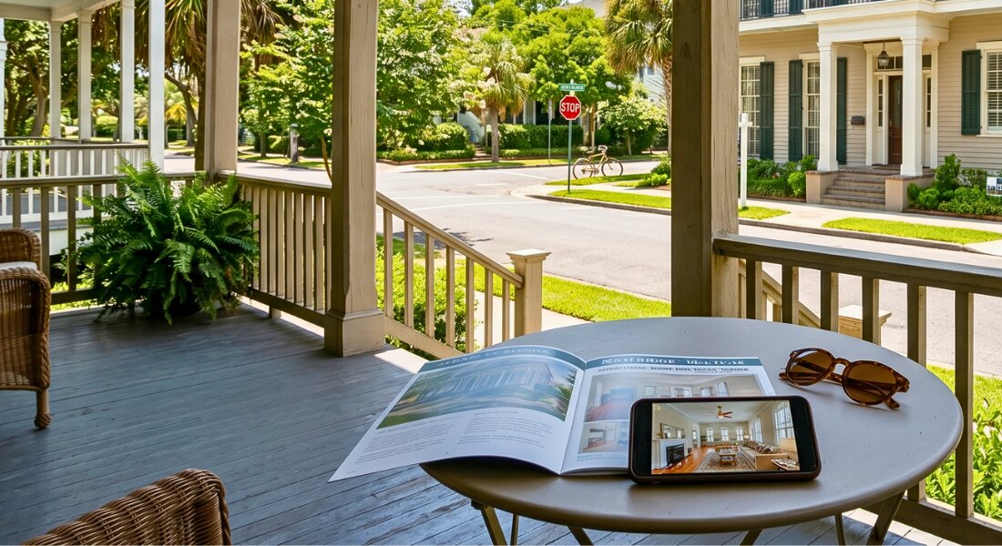 Shaded New Orleans home tour setup on a hot summer day.