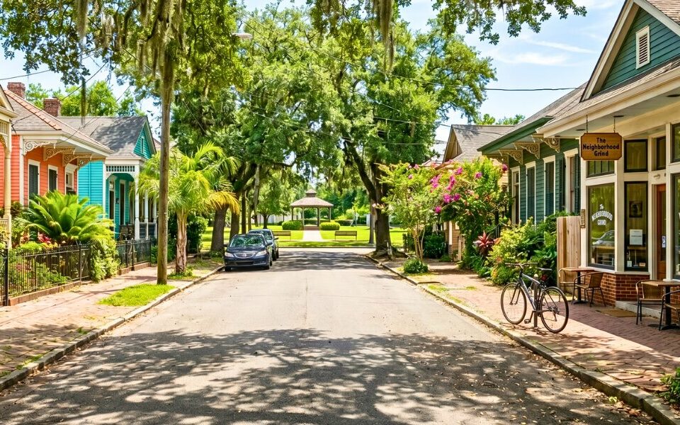 Quiet tree lined New Orleans neighborhood with historic homes on a bright summer day.