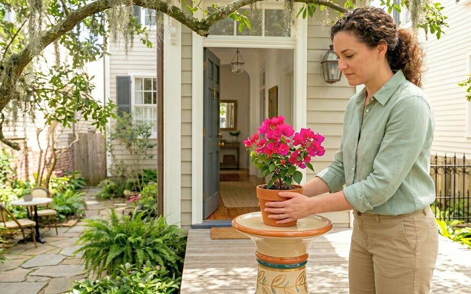 Homeowner placing a flowering plant on a staged New Orleans porch in spring.
