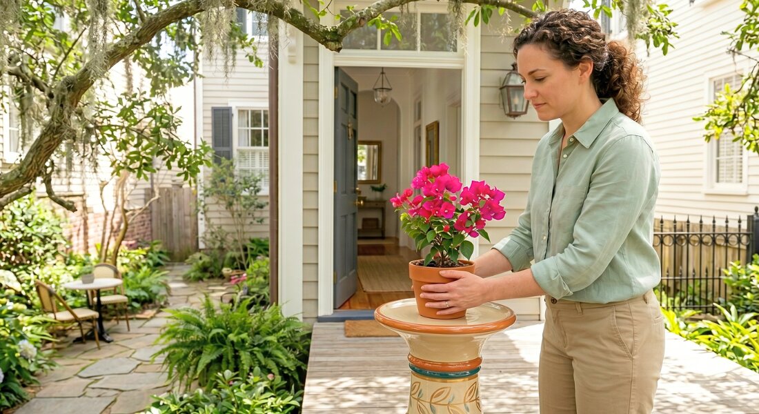 Homeowner placing a flowering plant on a staged New Orleans porch in spring.