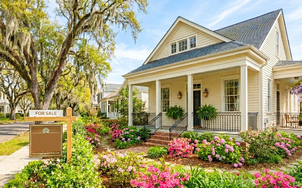 Spring listed home in a New Orleans neighborhood with blooming landscaping.