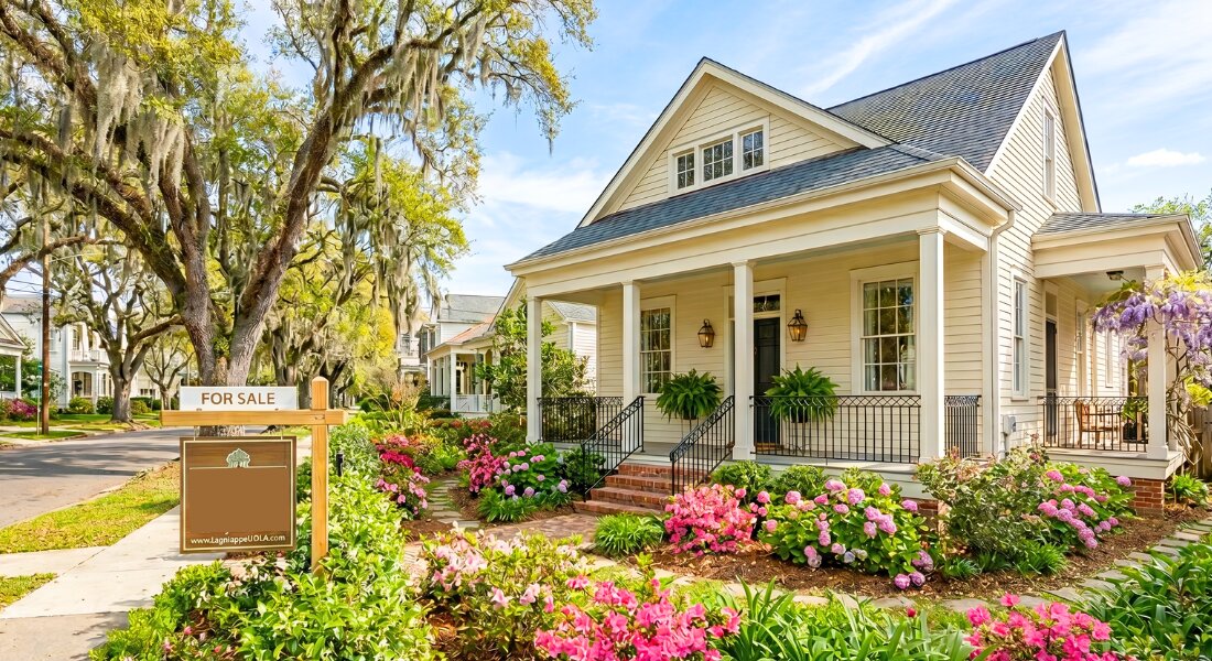 Spring listed home in a New Orleans neighborhood with blooming landscaping.