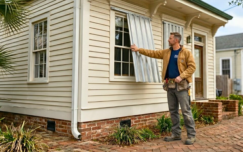 Homeowner preparing a New Orleans house with storm protection before hurricane season.