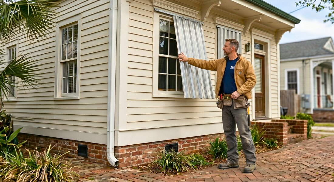 Homeowner preparing a New Orleans house with storm protection before hurricane season.