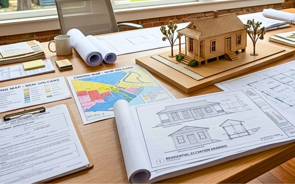 Building plans and permit documents prepared for a New Orleans property development project.