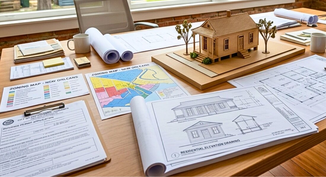 Building plans and permit documents prepared for a New Orleans property development project.