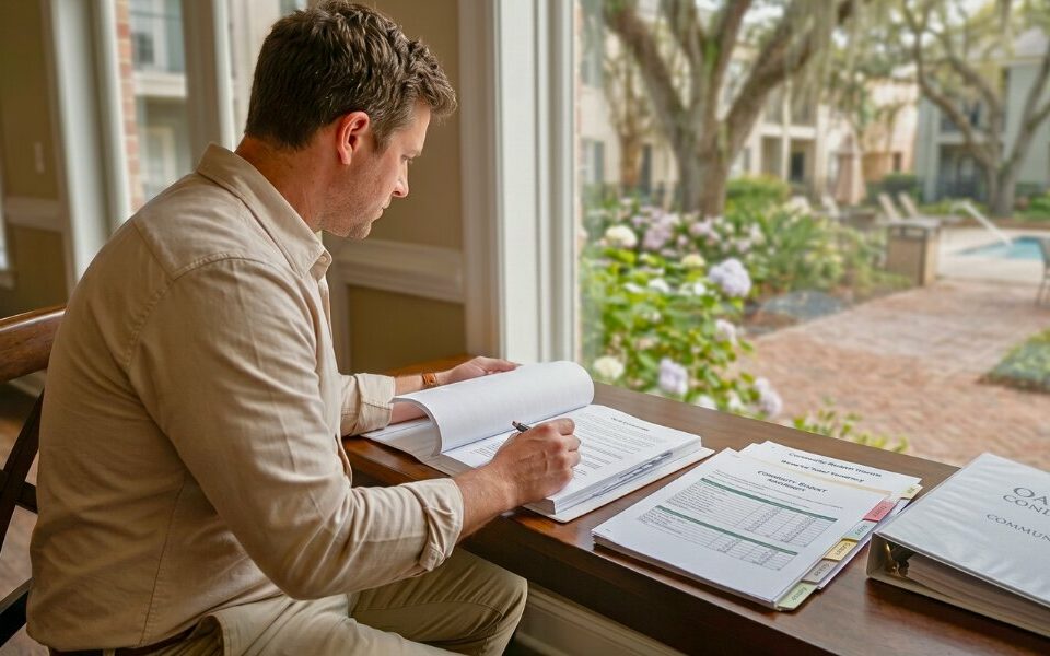 Homebuyer reviewing condo HOA documents beside a New Orleans condominium courtyard.