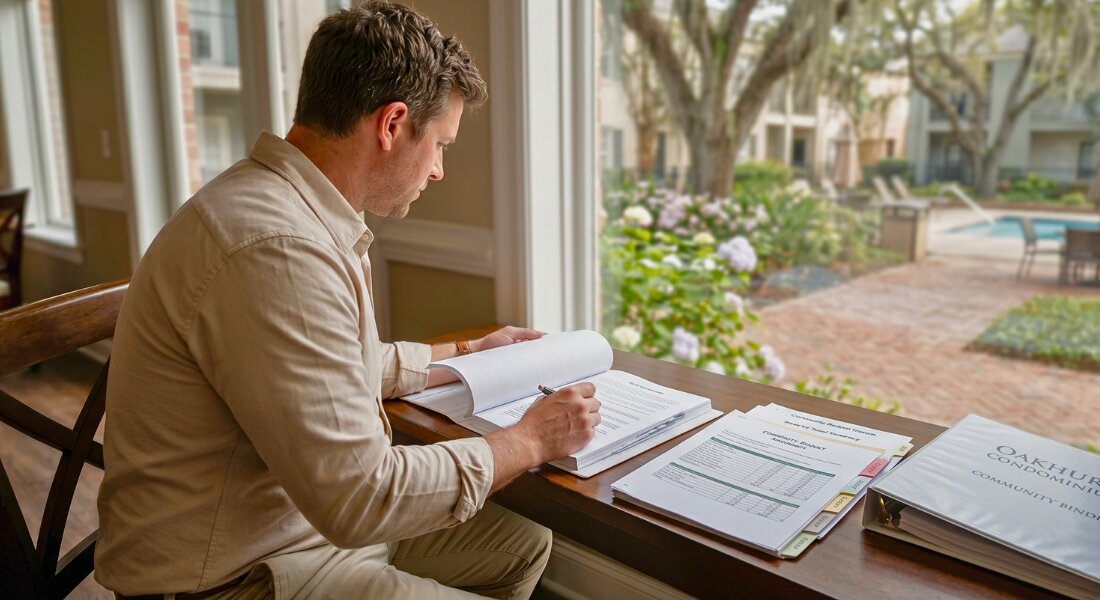 Homebuyer reviewing condo HOA documents beside a New Orleans condominium courtyard.