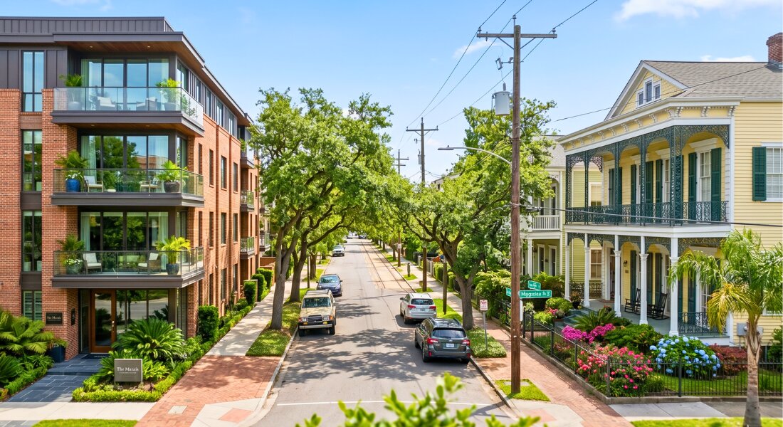 Modern New Orleans condo and traditional house exterior comparison