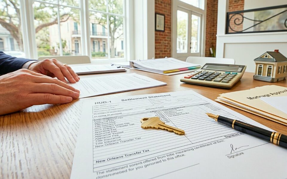New Orleans home with closing costs guide documents on desk during purchase transaction