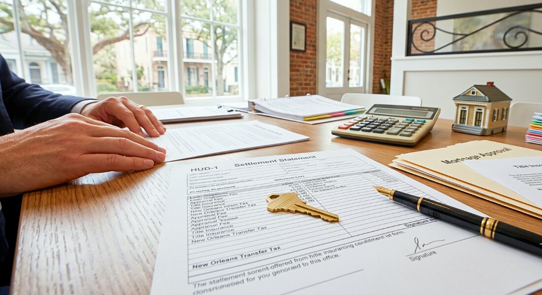 New Orleans home with closing costs guide documents on desk during purchase transaction