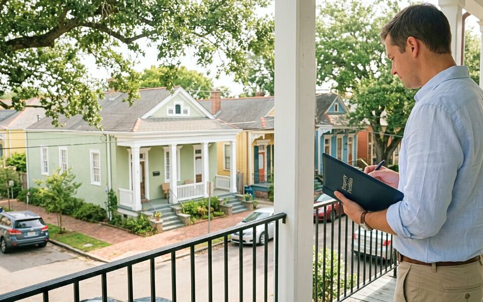 Historic New Orleans colonial mansion with brick facade and front porch, representing investment properties in the city