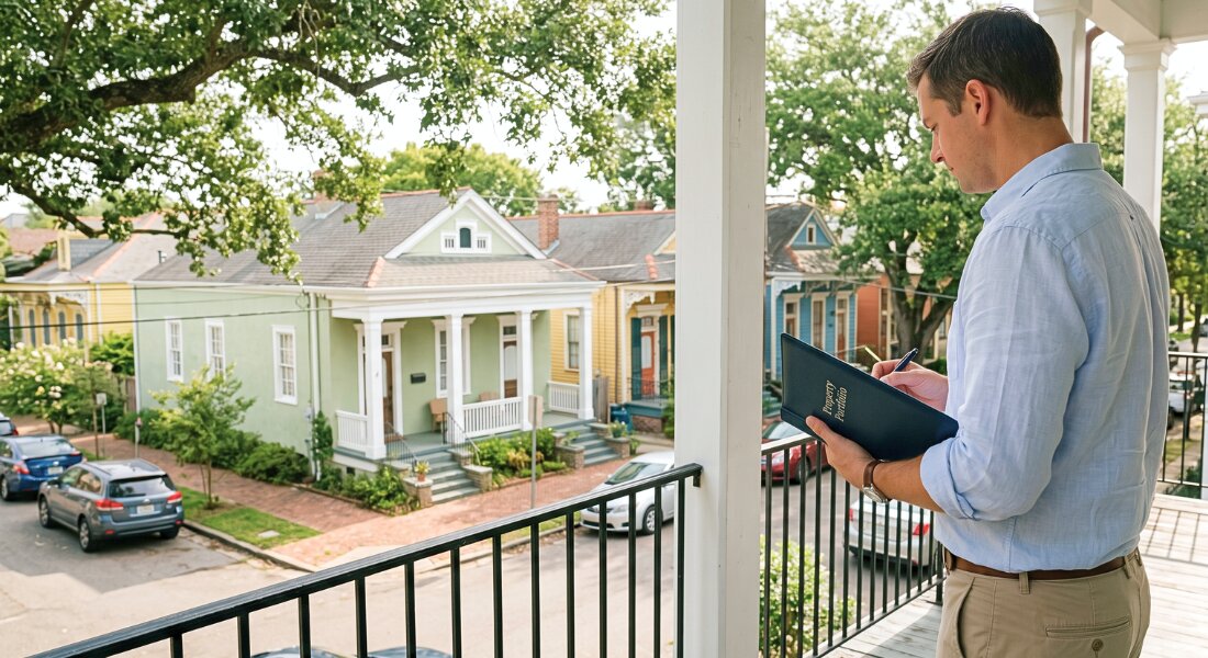 Historic New Orleans colonial mansion with brick facade and front porch, representing investment properties in the city