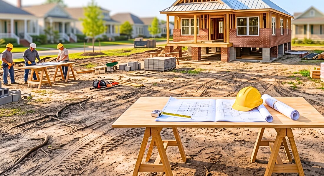 Modern new construction home in New Orleans neighborhood showing development process stages