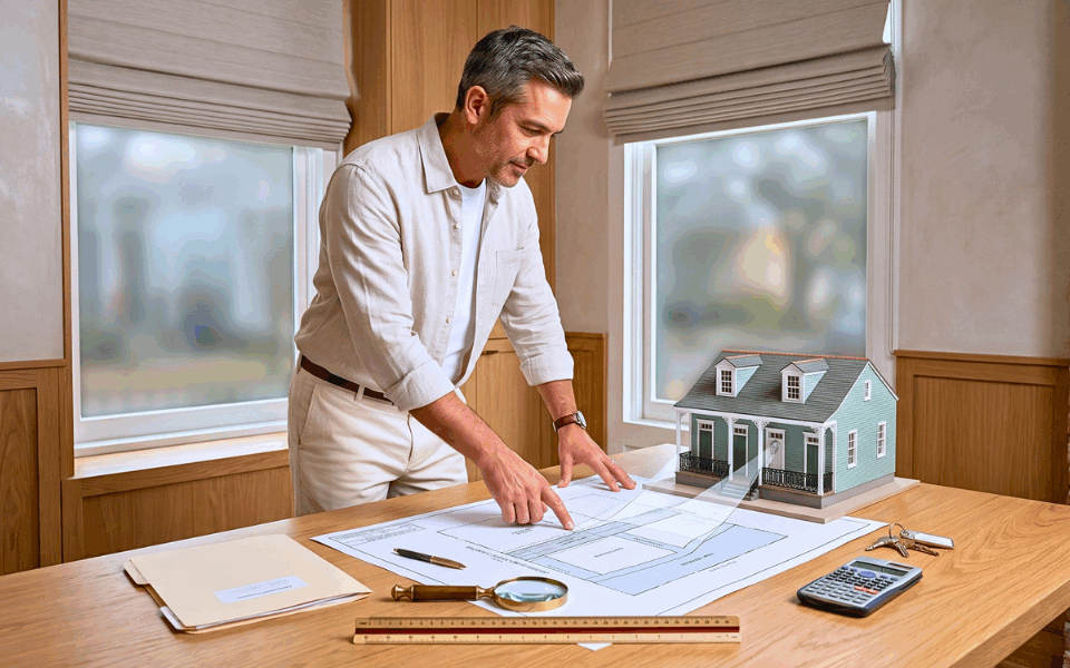 Real estate professional reviewing a New Orleans property easement survey.