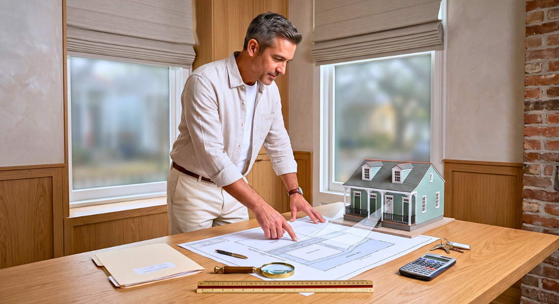 Real estate professional reviewing a New Orleans property easement survey.