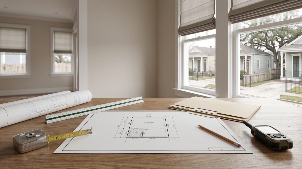New Orleans property survey and measuring tools beside a residential window