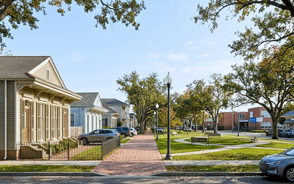 New Orleans neighborhood with homes school park sidewalks and street lighting