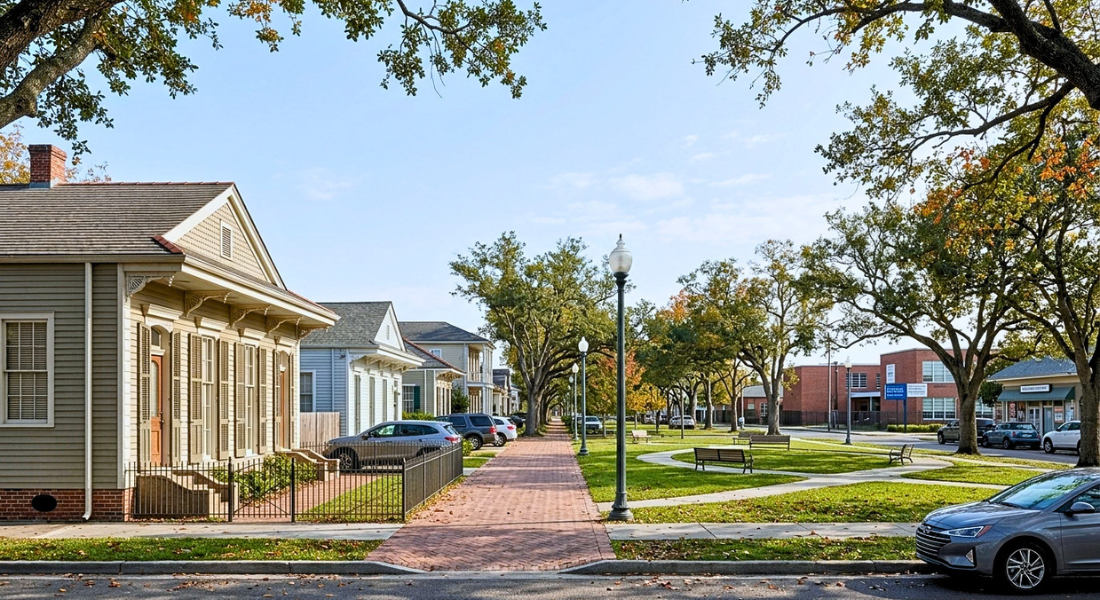 New Orleans neighborhood with homes school park sidewalks and street lighting