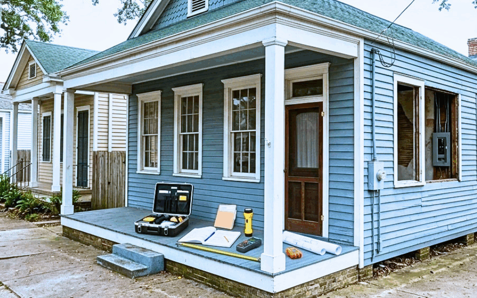 Historic New Orleans home with inspection tools and restoration plans on the porch.