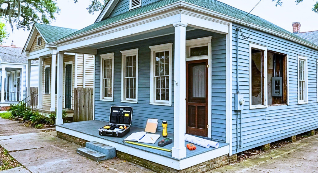 Historic New Orleans home with inspection tools and restoration plans on the porch.