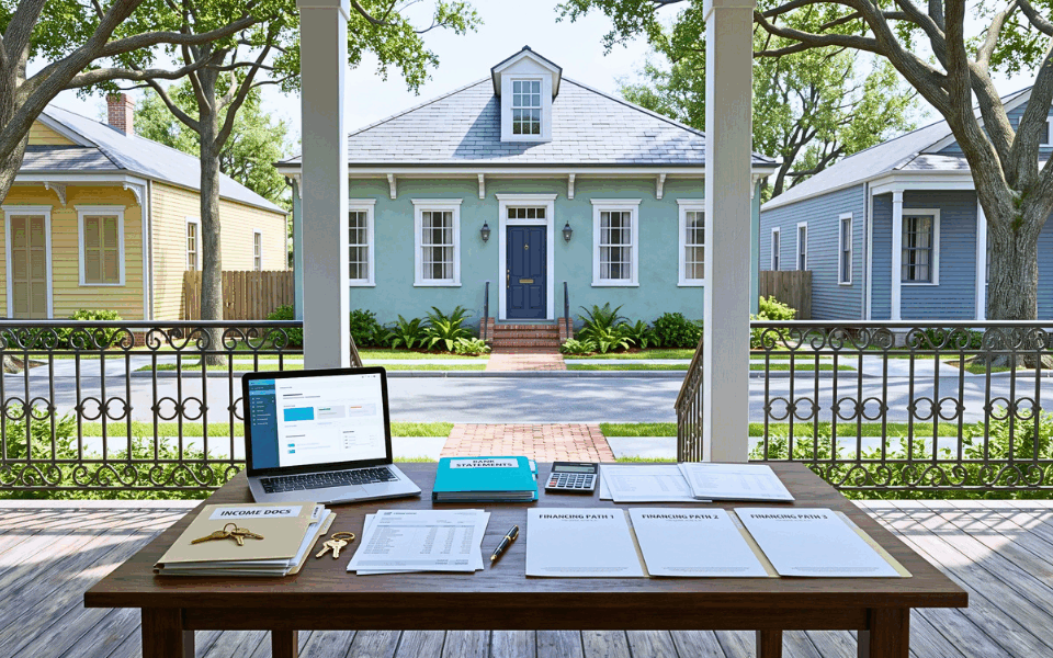 New Orleans home framed by organized mortgage documents and financing tools.