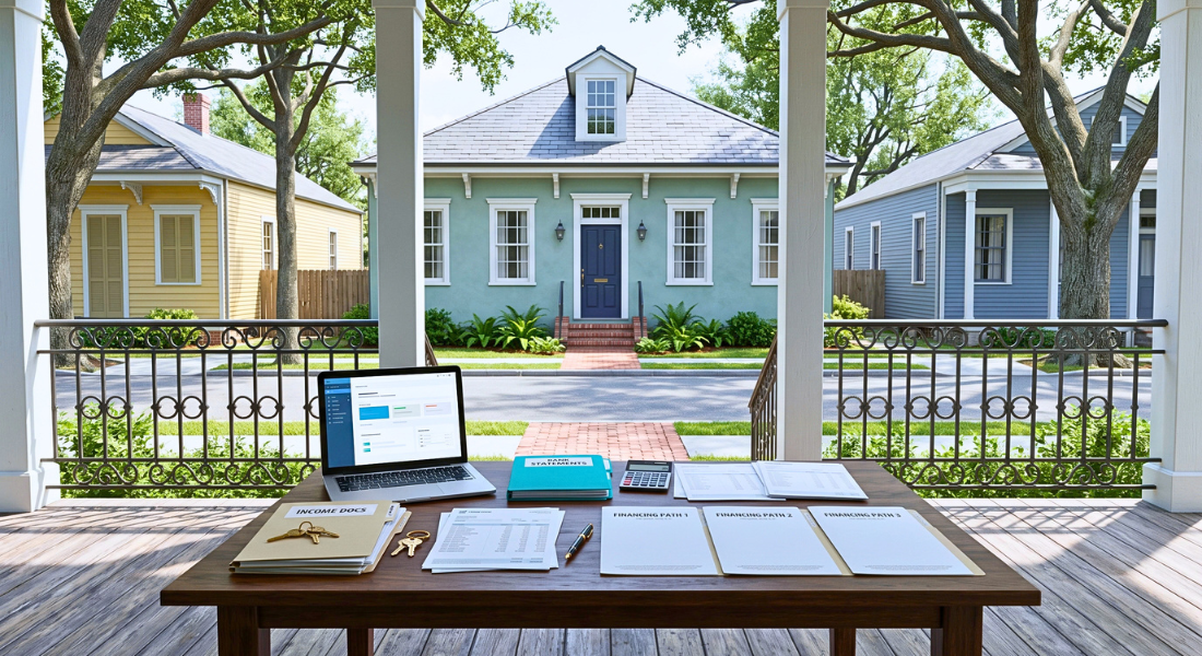 New Orleans home framed by organized mortgage documents and financing tools.