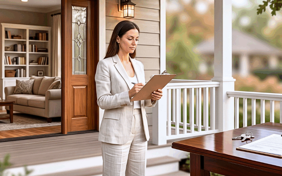 Real estate professional reviewing rental sale documents outside an occupied New Orleans home.