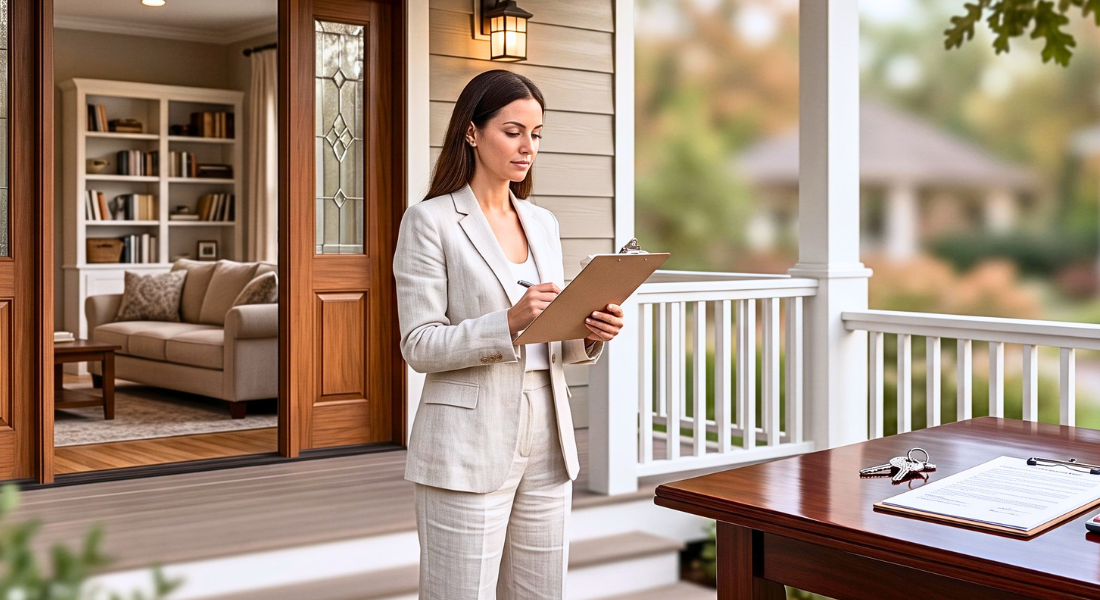 Real estate professional reviewing rental sale documents outside an occupied New Orleans home.