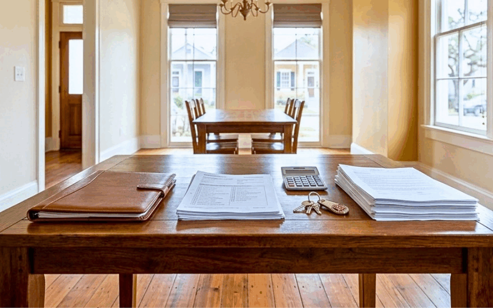 New Orleans home purchase agreement documents arranged on a dining table