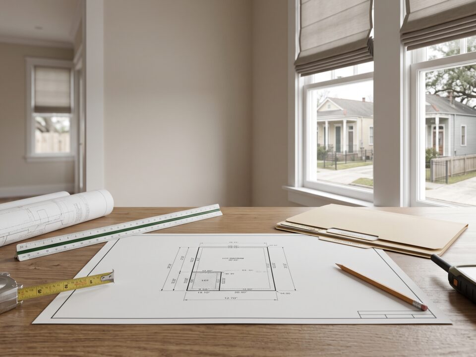 New Orleans property survey and measuring tools beside a residential window