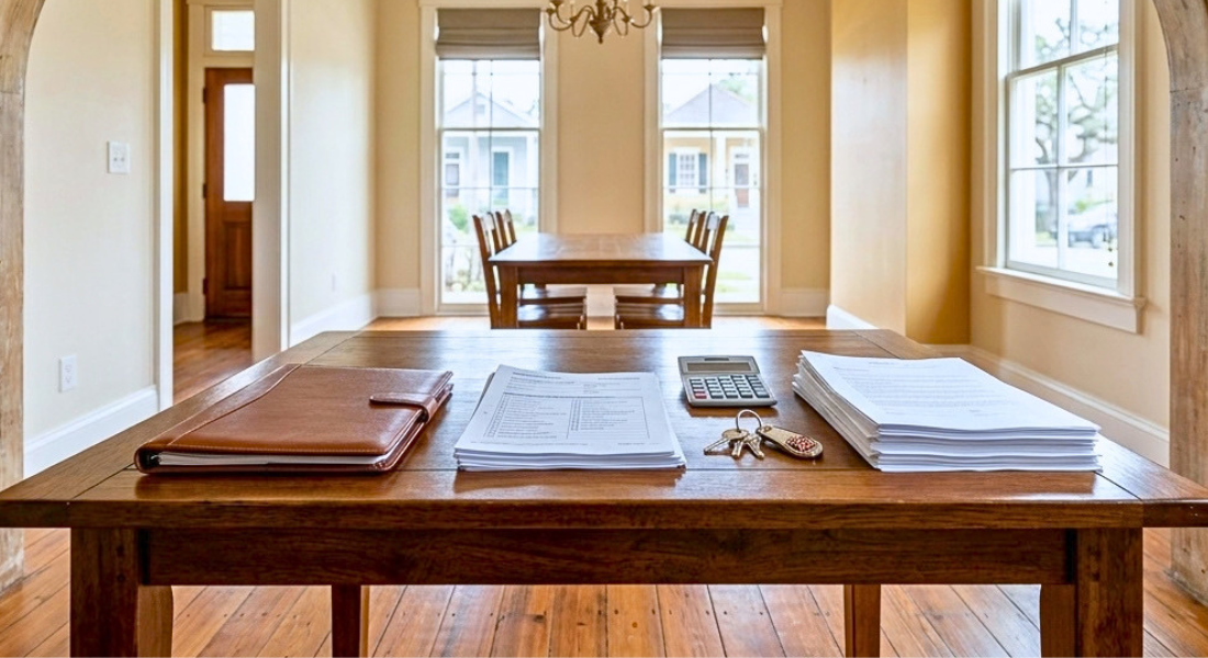 New Orleans home purchase agreement documents arranged on a dining table